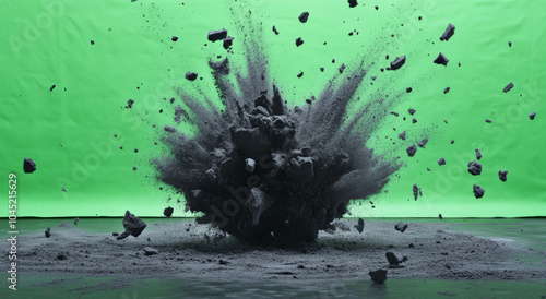 A cinematic still of an explosion made out of dark gray clay particles on a green screen background. photo