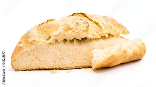 Freshly baked rustic bread with a crusty golden exterior on a white background.