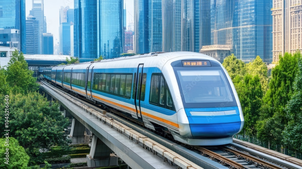 Naklejka premium Modern Train on Elevated Track in Urban Setting
