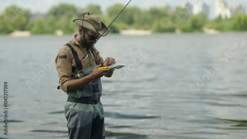 Wallpaper Mural Fisherman selects bait for catching predatory fish at water body	  Torontodigital.ca