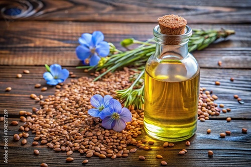 Flaxseed oil bottle with seeds and blue flowers on wooden background