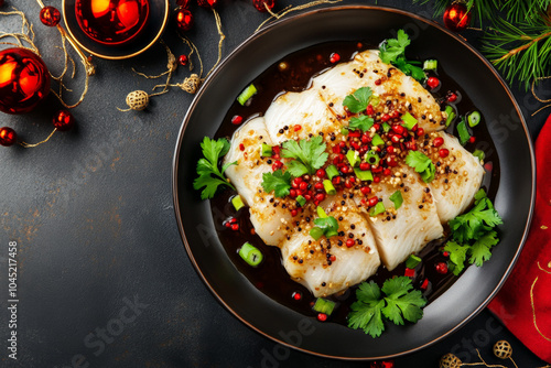 A beautifully arranged plate of steamed white fish served with ginger, scallions, and soy sauce.