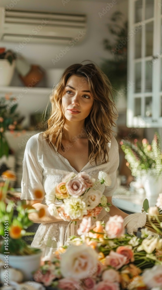 A woman in a white dress is holding a bouquet of flowers A woman in a white dress is holding a bouquet of flowers