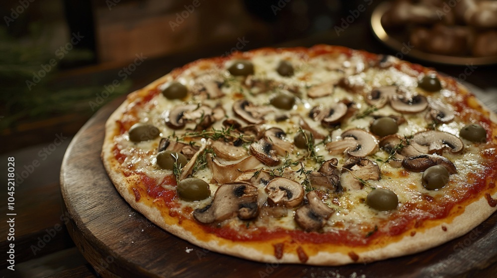 Delicious pizza topped with mushrooms and olives on a wooden board. Perfect for sharing with friends and family. Delicious pizza topped with mushrooms and olives on a wooden board. Perfect for sharing with friends and family.