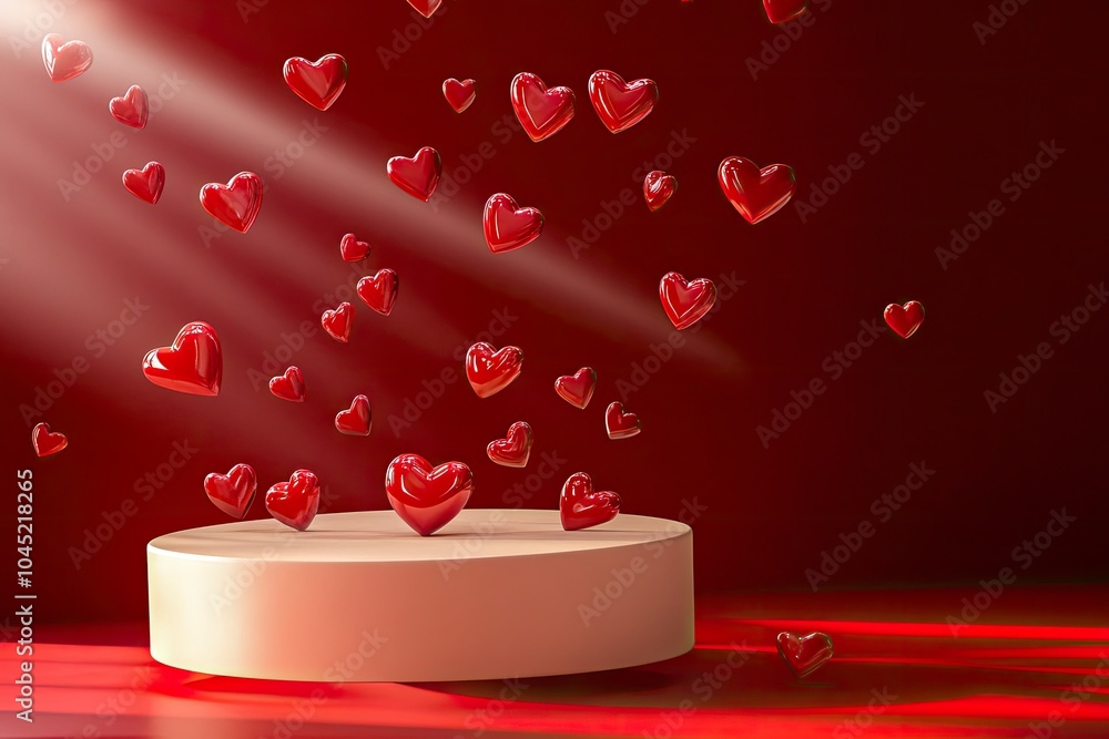 Valentine's Day products display, 3D beige podium mockup adorned with red hearts elements on red background with light beam. with generative ai Valentine's Day products display, 3D beige podium mockup adorned with red hearts elements on red background with light beam. with generative ai