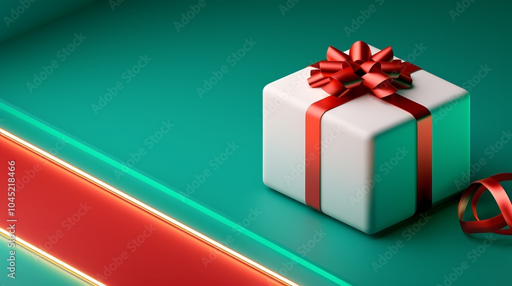 3D White Gift Box with Red Ribbon and Bow on Green Surface. Christmas Theme. 3D White Gift Box with Red Ribbon and Bow on Green Surface. Christmas Theme.