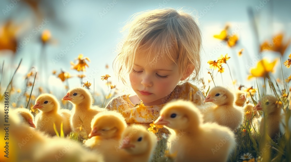 A child enjoying nature with cute yellow ducklings in a field of flowers, exploring and experiencing pure joy in the outdoors.