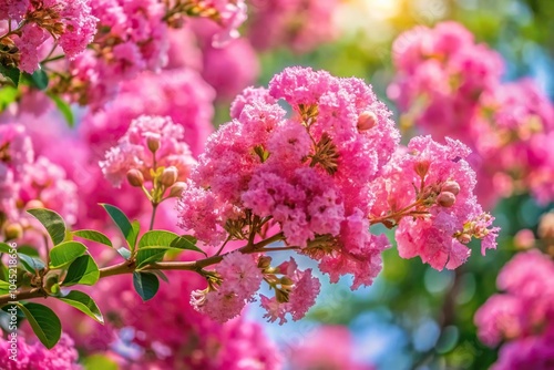 Floral background of pure pink flowers on the branches with green leaves