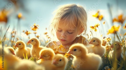 Obraz na płótnie A child enjoying nature with cute yellow ducklings in a field of flowers, exploring and experiencing pure joy in the outdoors. w salonie