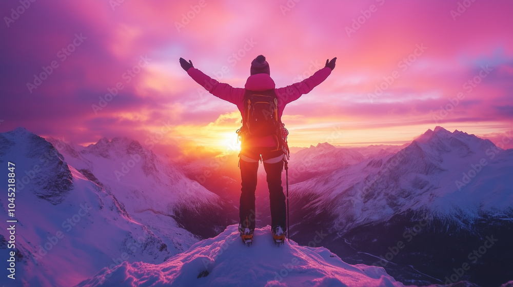 Mountaineer celebrating success at sunset on snowy peak Mountaineer celebrating success at sunset on snowy peak