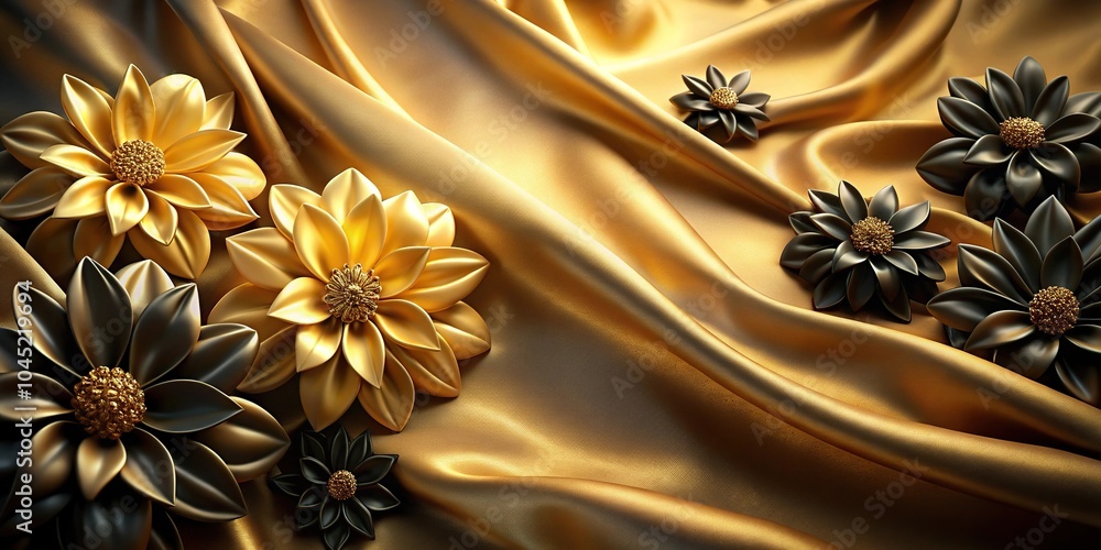 Floral pattern with black and gold flowers on soft golden silk wallpaper Floral pattern with black and gold flowers on soft golden silk wallpaper