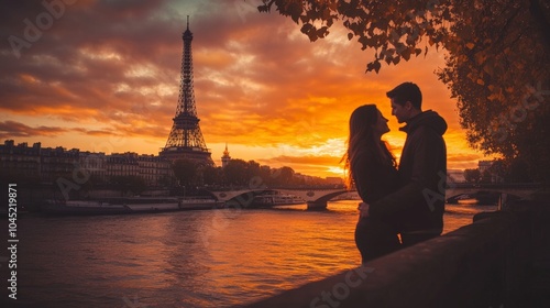 Romantic sunset by the Eiffel Tower with a couple in love in Paris, kissing by the river. A beautiful moment captured in time.