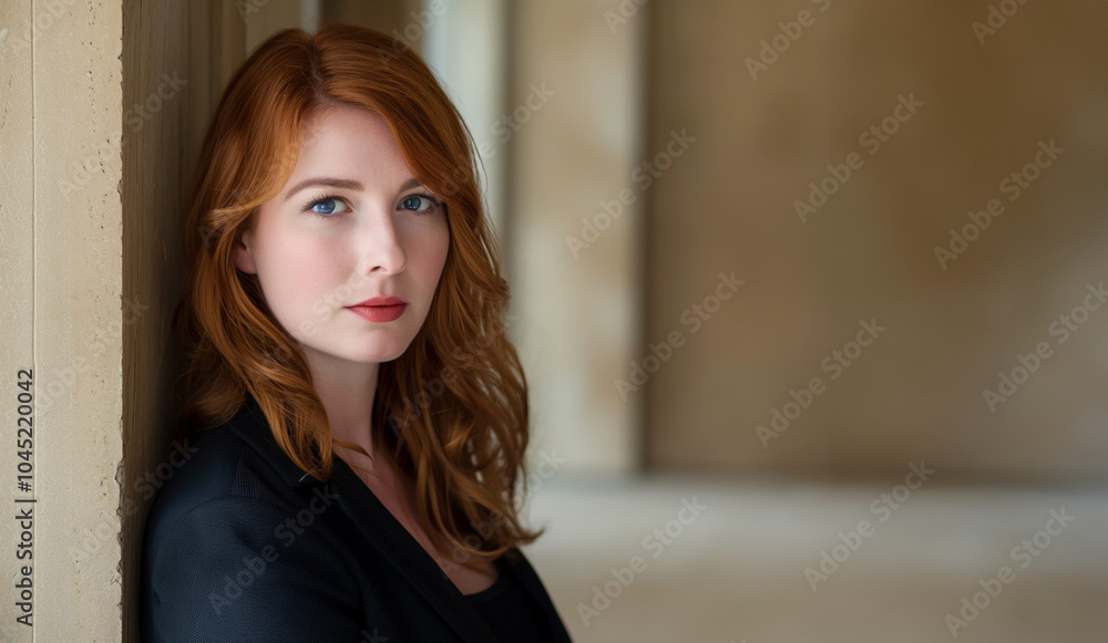 Fototapeta premium Confident Businesswoman with Auburn Hair in Modern Corporate Setting, Professional Portrait