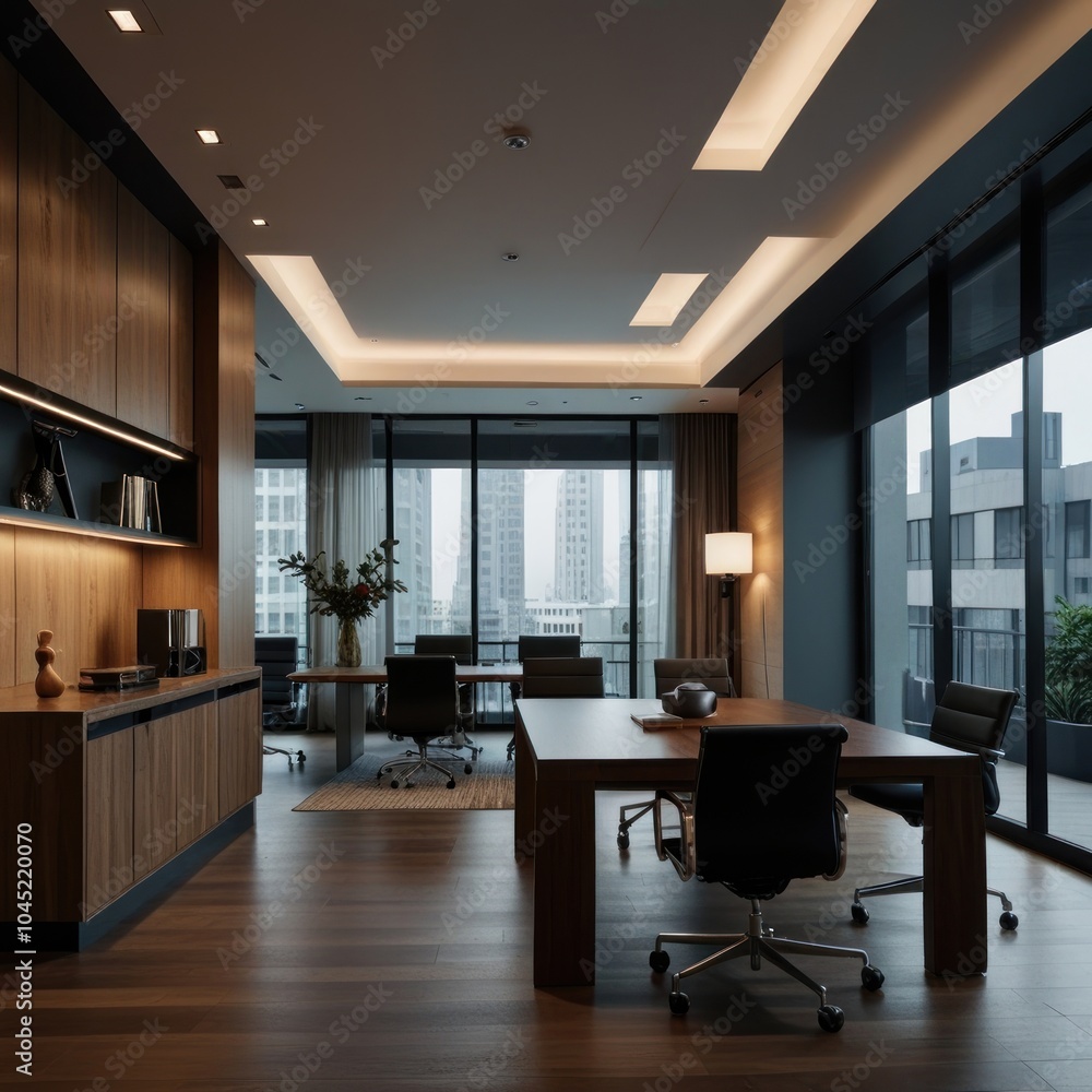 Modern office interior with large windows overlooking a cityscape. Modern office interior with large windows overlooking a cityscape.