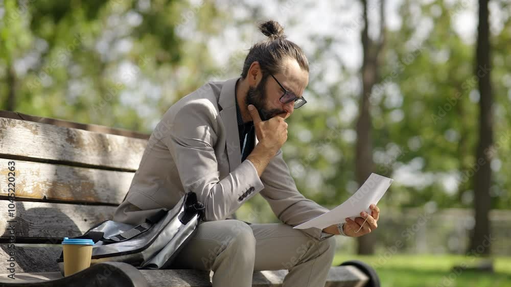 Thoughtful businessman analyzing documents on park bench Thoughtful businessman analyzing documents on park bench