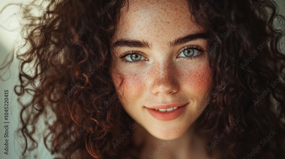 Beautiful young woman with curly hair and bright blue eyes smiles softly in a bright, natural light setting. A moment of pure joy captured. Beautiful young woman with curly hair and bright blue eyes smiles softly in a bright, natural light setting. A moment of pure joy captured.