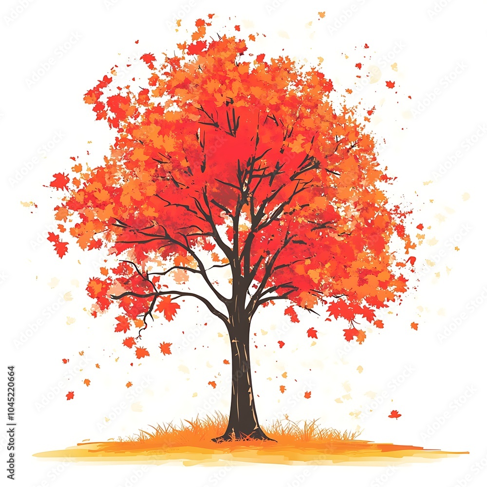 Fototapeta premium A single autumn tree with red and orange leaves in a white background with some leaves falling.