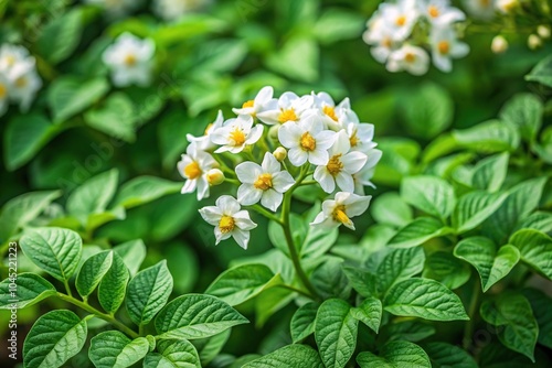 Flowering bush potatoes on a green background high angle view