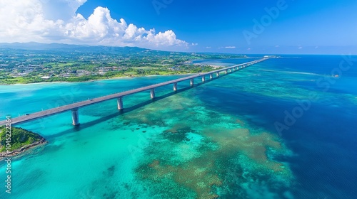 An aerial view of a long bridge connecting two islands, with turquoise water and a blue sky with white clouds.