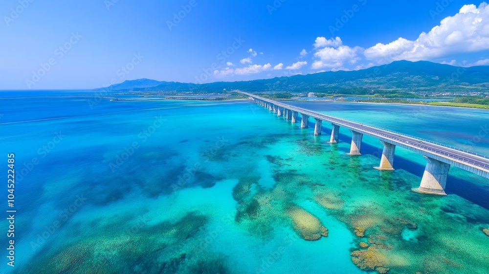 An aerial view of a long bridge stretching across a turquoise ocean with coral reefs visible beneath the surface. The sky is bright blue with fluffy white clouds. An aerial view of a long bridge stretching across a turquoise ocean with coral reefs visible beneath the surface. The sky is bright blue with fluffy white clouds.