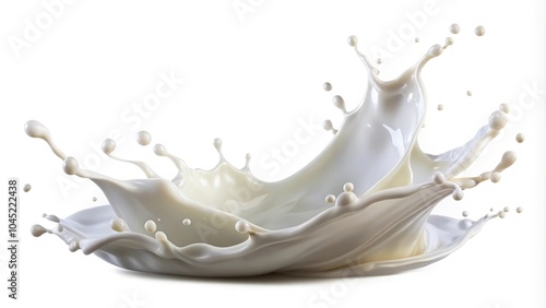 Flowing white milk splash isolated on white background at a tilted angle photo