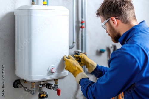 A skilled technician installs a modern water heater, showcasing precision and expertise in home maintenance and plumbing services.