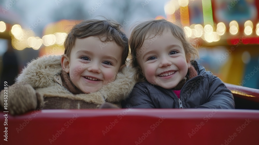 Two cheerful kids enjoying a ride at a carnival, smiling brightly in cozy jackets with a festive background of lights. Two cheerful kids enjoying a ride at a carnival, smiling brightly in cozy jackets with a festive background of lights.