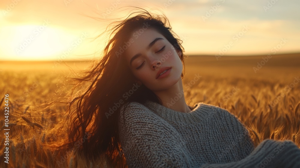 Fototapeta premium A Young Woman Enjoying the Sunset in a Wheat Field with Windswept Hair and a Peaceful Expression