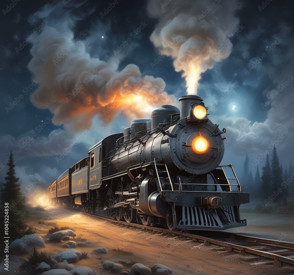 Fototapeta premium Illustration of classic train in smoke.