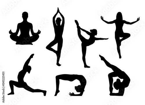 Silhouetted yoga poses showcasing flexibility, balance, wellness, stretching exercises for body, mind, and fitness routine.