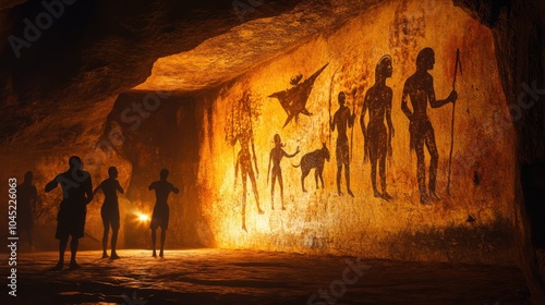 Cave paintings depicting early human life, illuminated by torchlight--ideal for archaeology projects or prehistoric history documentaries. photo