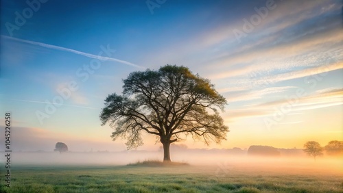 Foggy morning landscape with tree reflected in water photo