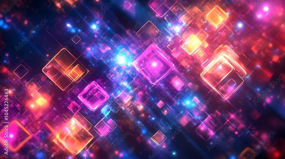 Colorful neon geometric shapes creating an abstract background of squares triangles and circles Colorful neon geometric shapes creating an abstract background of squares triangles and circles