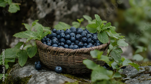 A wicker basket filled with blueberries, surrounded by mint leaves and resting on a mossy rock. photo