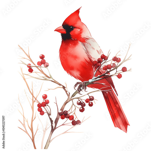 Red northern cardinal bird sitting on a snowy tree branch with red berries. Watercolor illustration