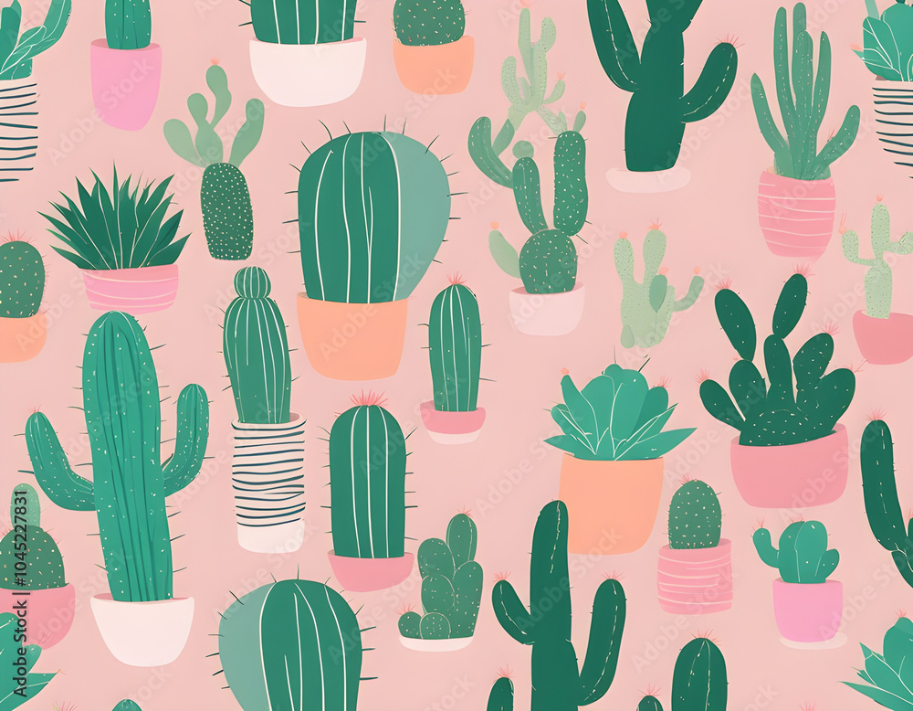 Bright texture with pink desert and green cacti hand drawn in pastel colors background Bright texture with pink desert and green cacti hand drawn in pastel colors background