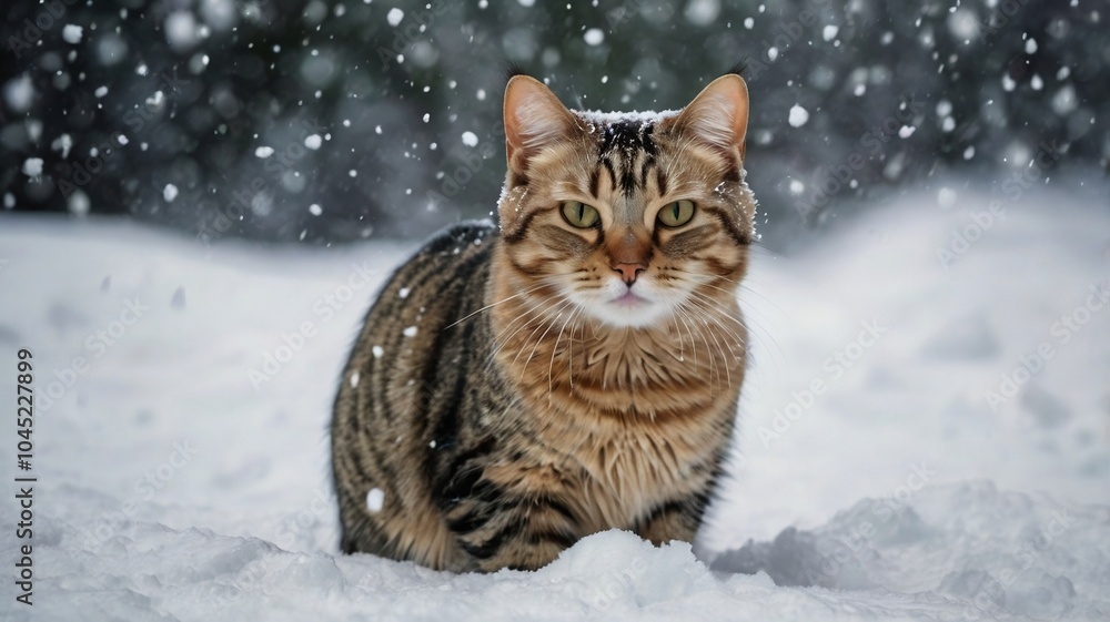 Majestic Cat in Snowfall - Beautiful Winter Scene of Tabby Cat Outdoors Majestic Cat in Snowfall - Beautiful Winter Scene of Tabby Cat Outdoors