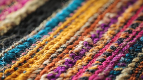 Macro shot of a handmade wool rug, showcasing intricate weaving patterns and vibrant colors, emphasizing artisanal craftsmanship.