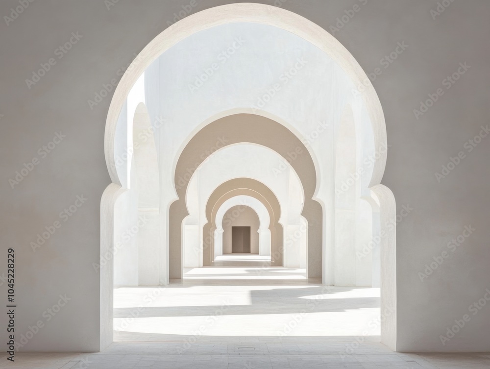 A long hallway with arched openings. The arches are white and the hallway is white A long hallway with arched openings. The arches are white and the hallway is white