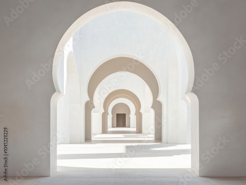 A long hallway with arched openings. The arches are white and the hallway is white