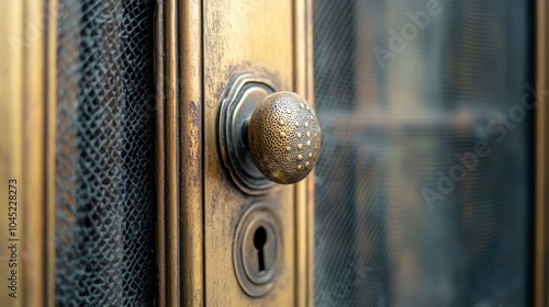 A close-up shot of the screen door handle, capturing the details and any markings, with the surrounding area softly blurred.