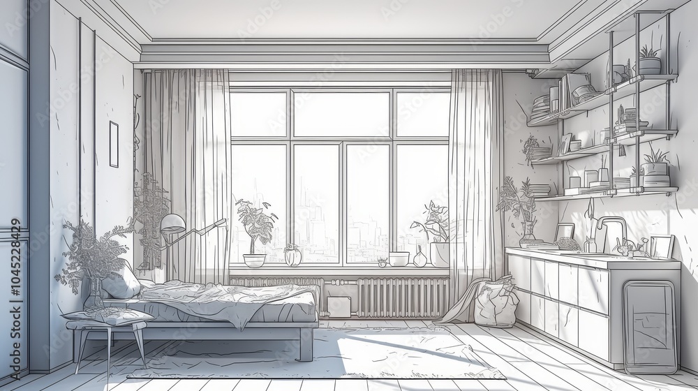 A cozy, minimalist bedroom with large windows and natural light, featuring plants and modern decor. A cozy, minimalist bedroom with large windows and natural light, featuring plants and modern decor.