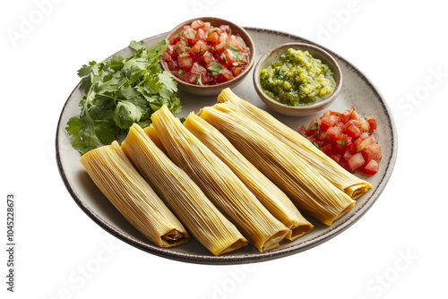 Traditional Mexican tamales in corn husks, top view, with salsas and garnishes on the side, festive New Year table photo