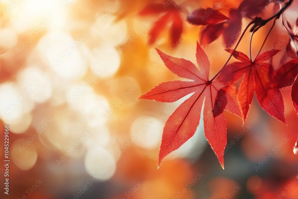 Fototapeta premium Autumn background with red maple leaves and blurred nature bokeh light effect autumn leaf autumn leaves.