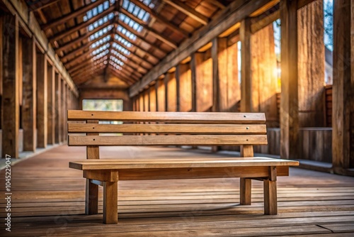 Forced perspective background created with wooden beams and a wooden bench