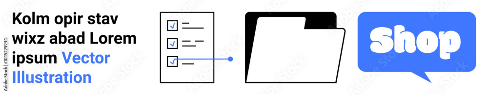Three icons including a checklist, folder, and Shop speech bubble with text. Ideal for business, e-commerce, document management, online shopping, and marketing themes. Banner for landing page Three icons including a checklist, folder, and Shop speech bubble with text. Ideal for business, e-commerce, document management, online shopping, and marketing themes. Banner for landing page