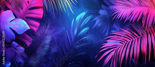 Fototapeta Naklejka Na Ścianę i Meble -  Vibrant neon pink and blue tropical leaves in a dark jungle setting.
