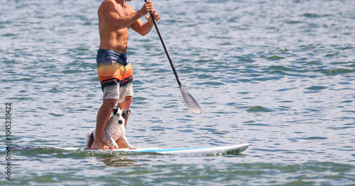 Man on a standup paddle board with his dog between his legs