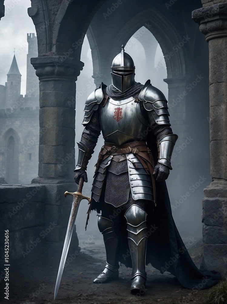 Obraz premium Armored knight standing in misty medieval castle courtyard
