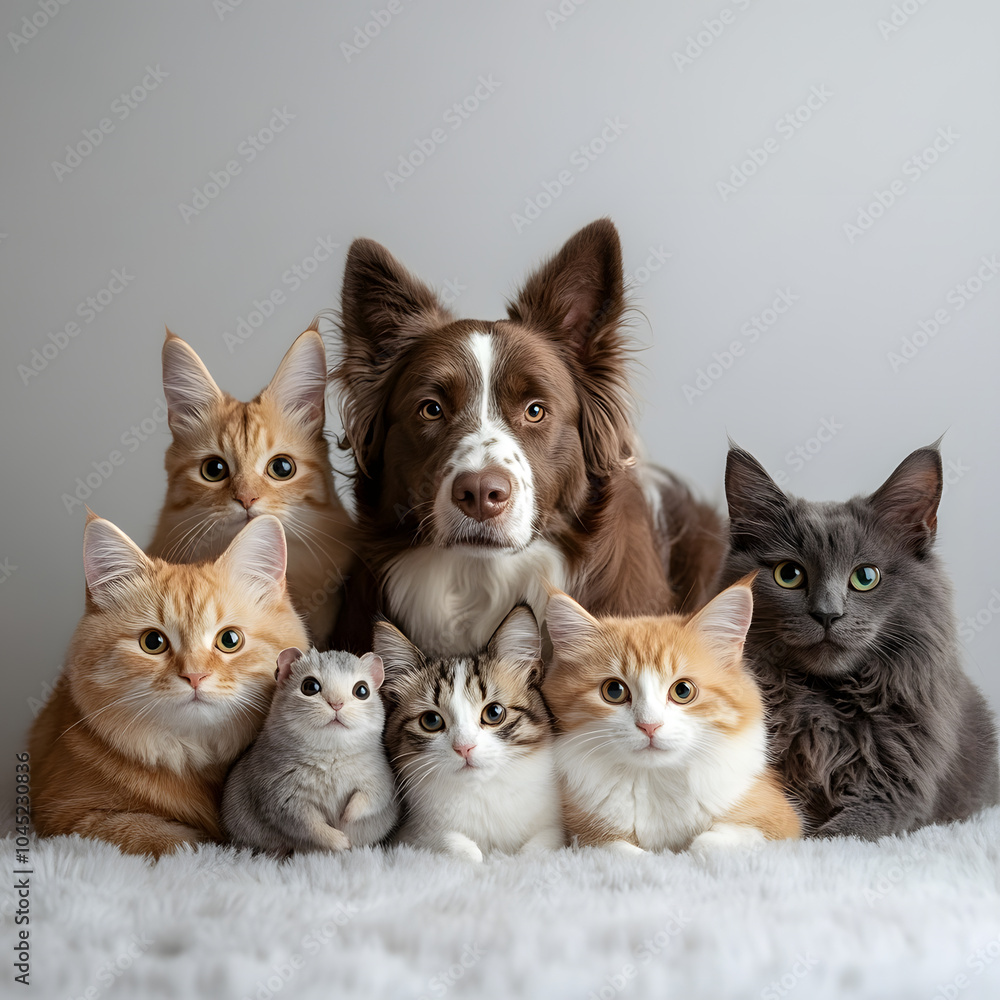 a group of cute pets, one rabbit, one hamster, three dogs, two cats, all together, on white background a group of cute pets, one rabbit, one hamster, three dogs, two cats, all together, on white background